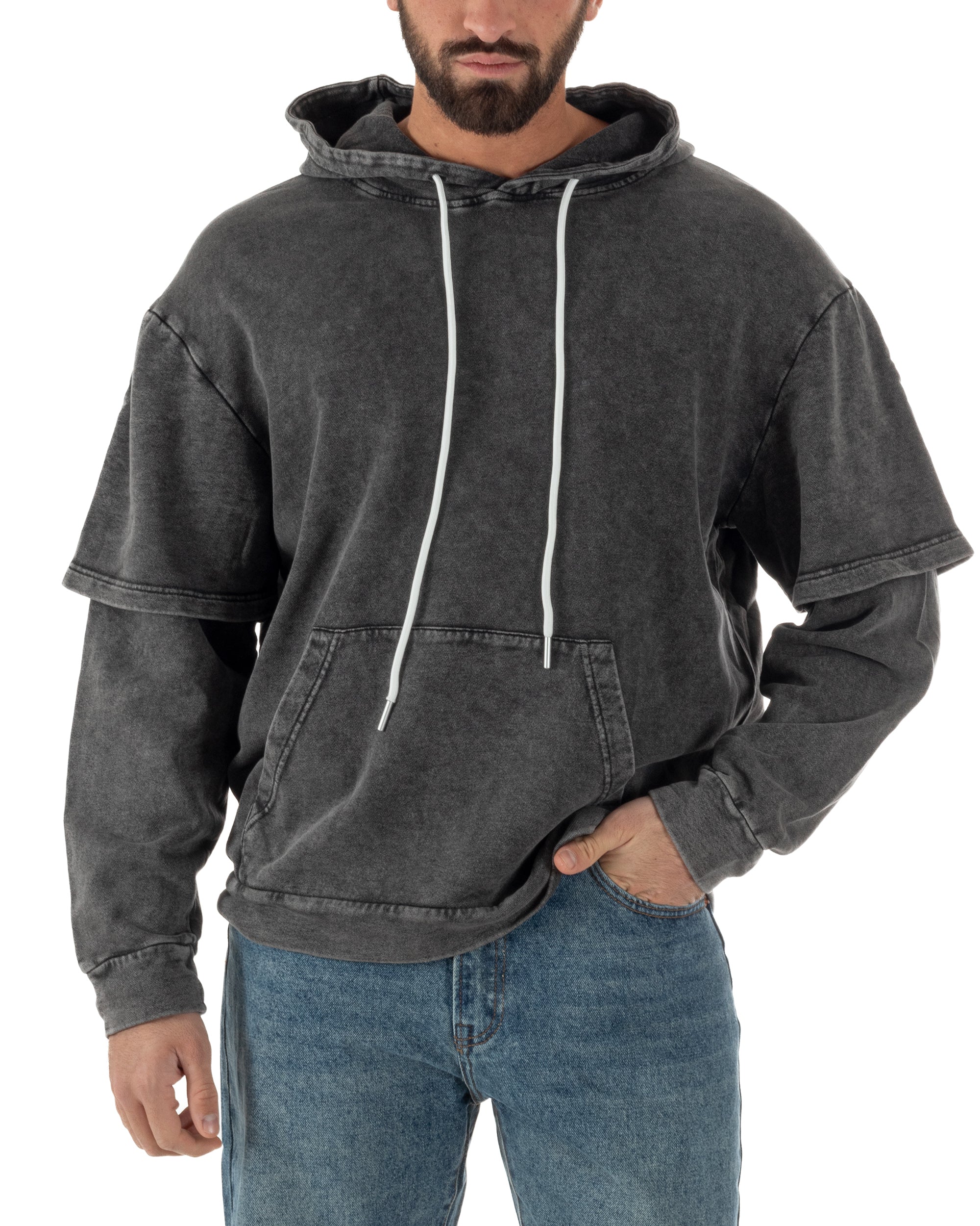Felpa Uomo Long Sleeve Doppio Strato Slavata Boxy Fit Cappuccio Nero F3076A