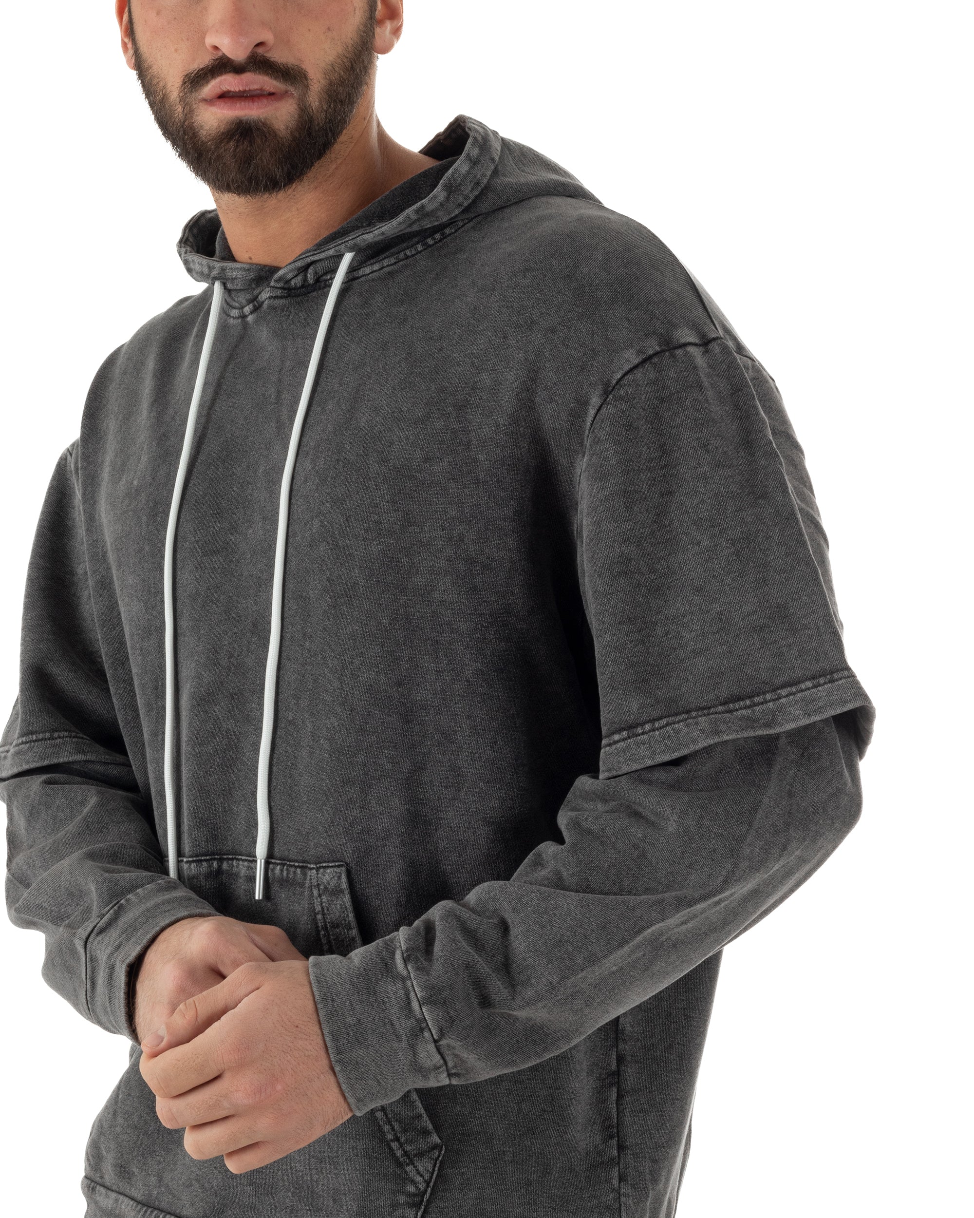 Felpa Uomo Long Sleeve Doppio Strato Slavata Boxy Fit Cappuccio Nero F3076A