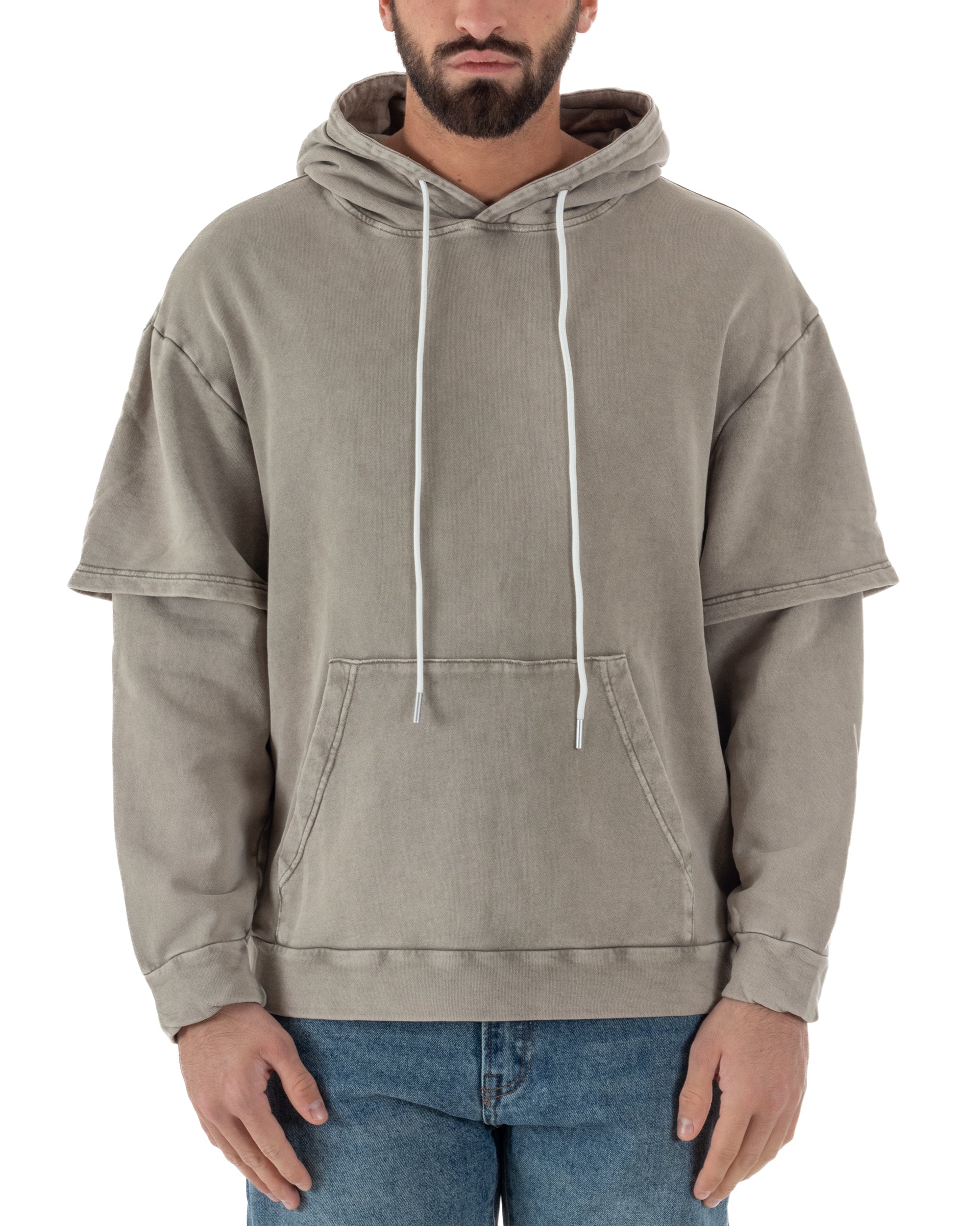 Felpa Uomo Long Sleeve Doppio Strato Slavata Boxy Fit Cappuccio Beige F3077A