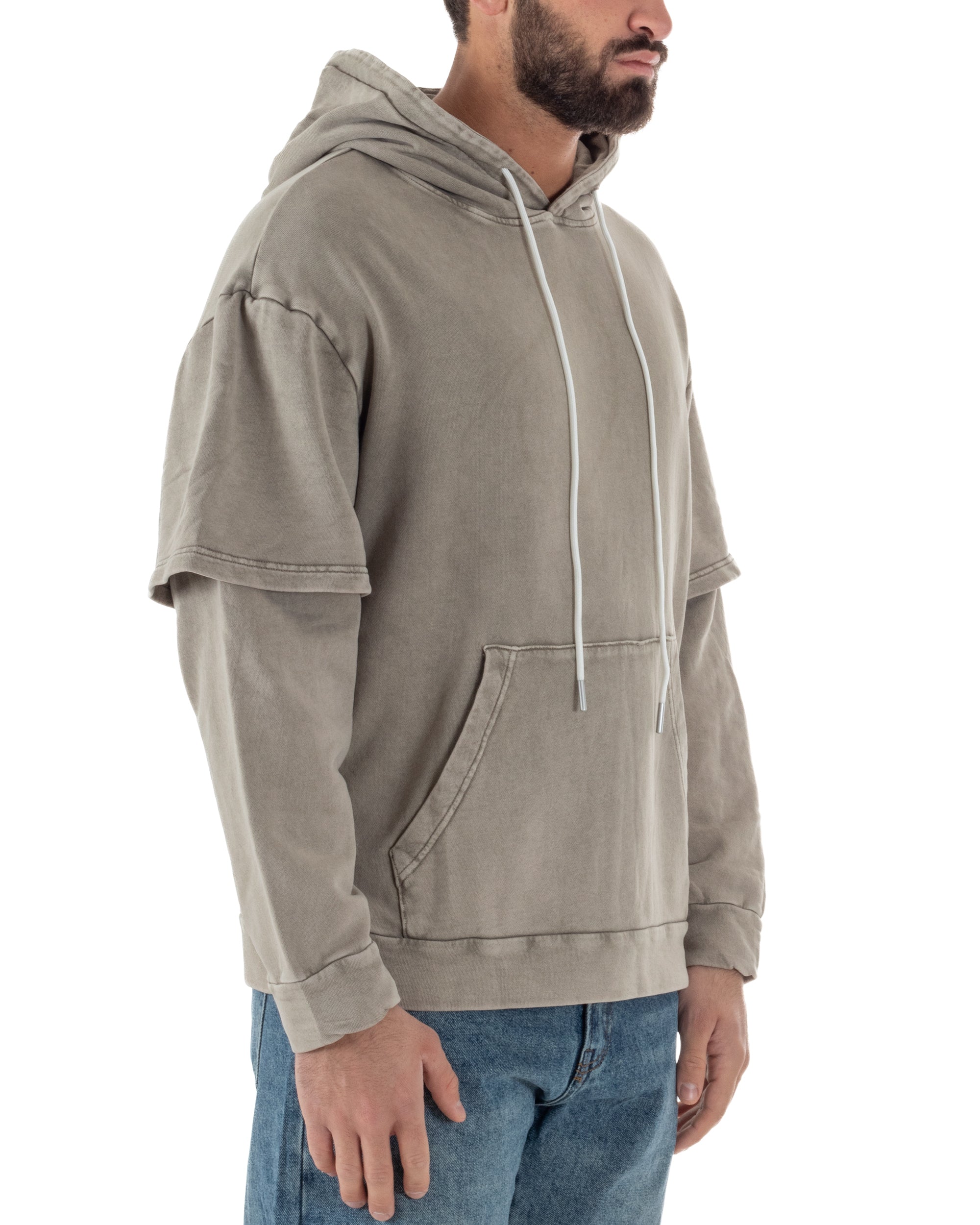 Felpa Uomo Long Sleeve Doppio Strato Slavata Boxy Fit Cappuccio Beige F3077A