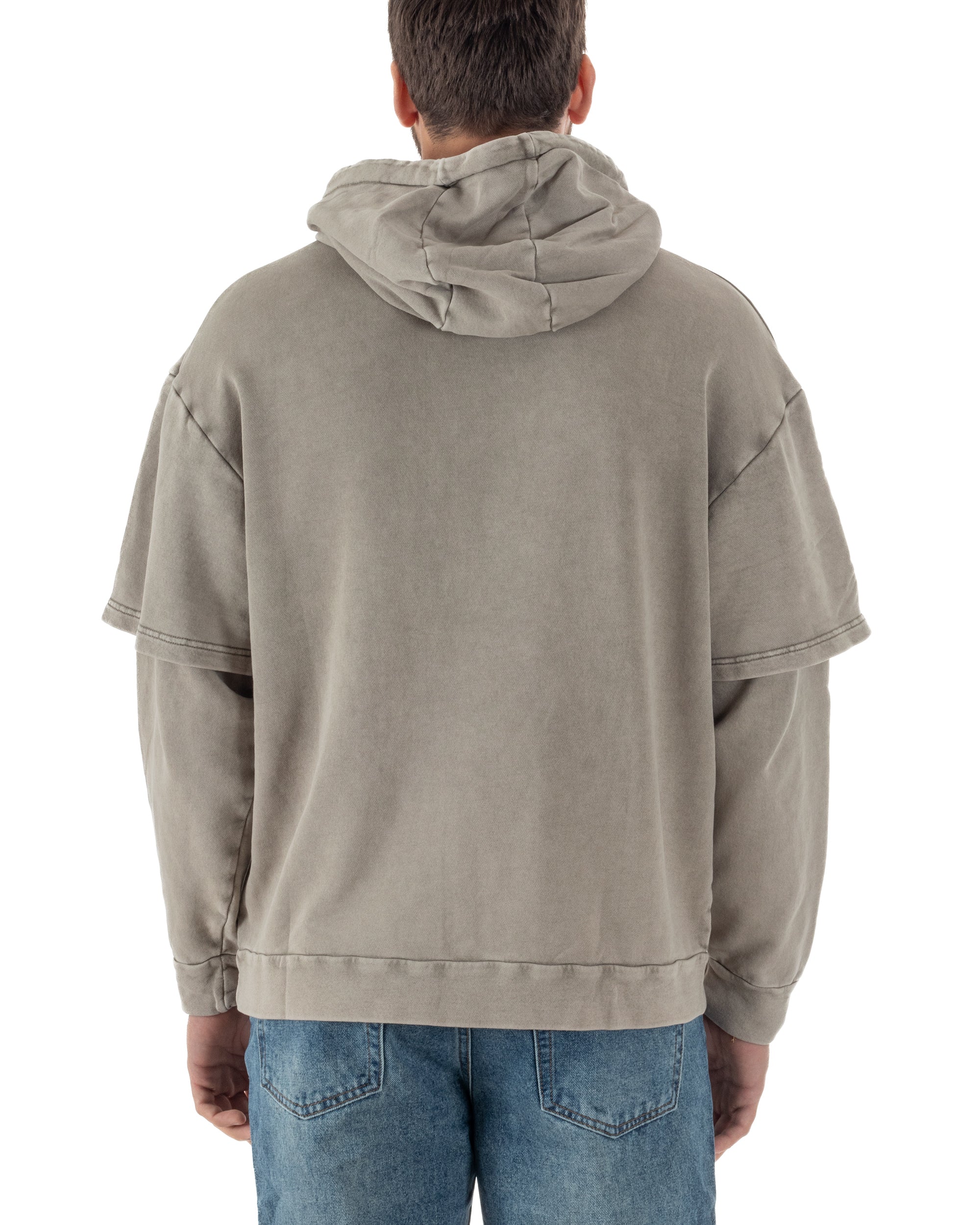 Felpa Uomo Long Sleeve Doppio Strato Slavata Boxy Fit Cappuccio Beige F3077A