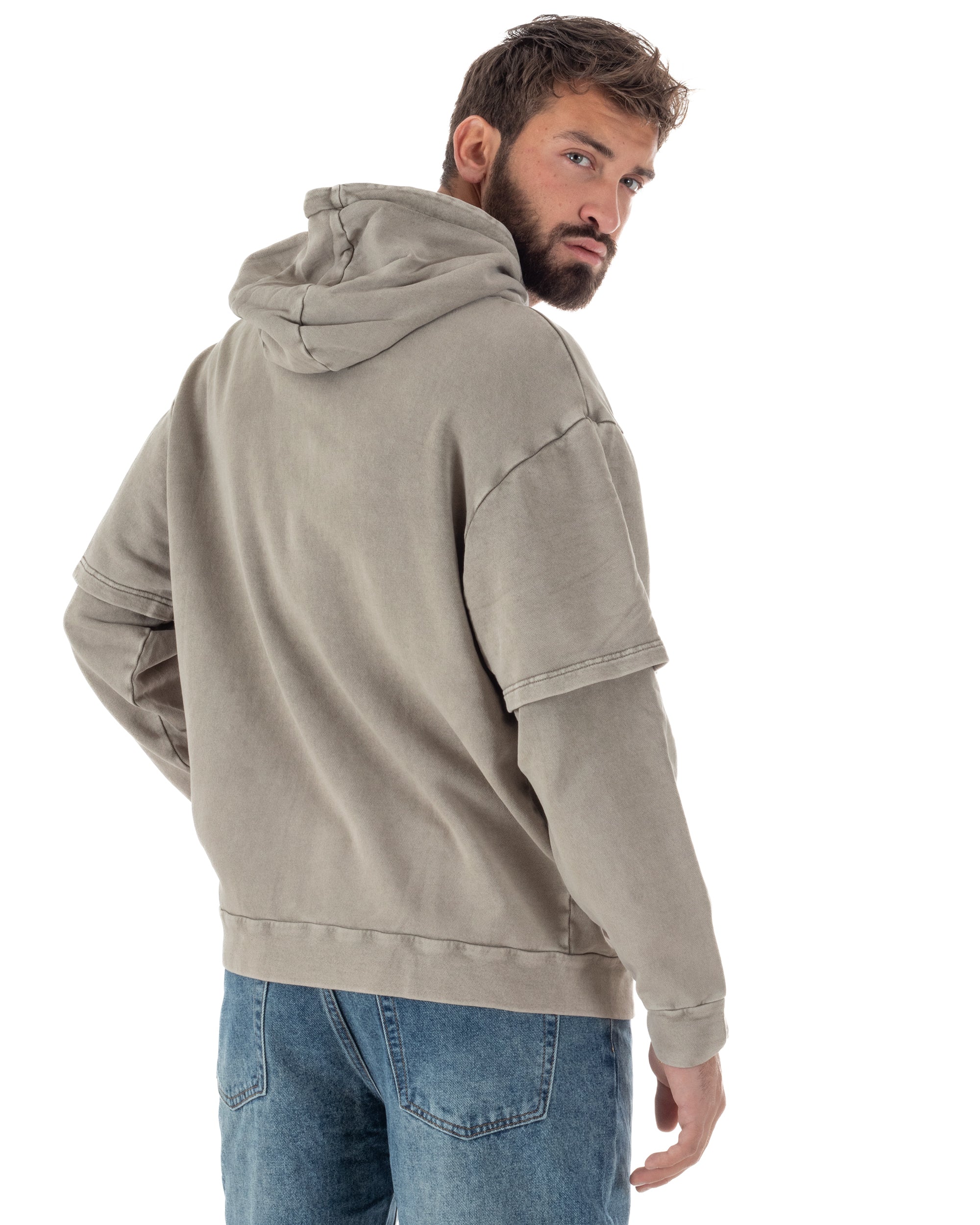 Felpa Uomo Long Sleeve Doppio Strato Slavata Boxy Fit Cappuccio Beige F3077A