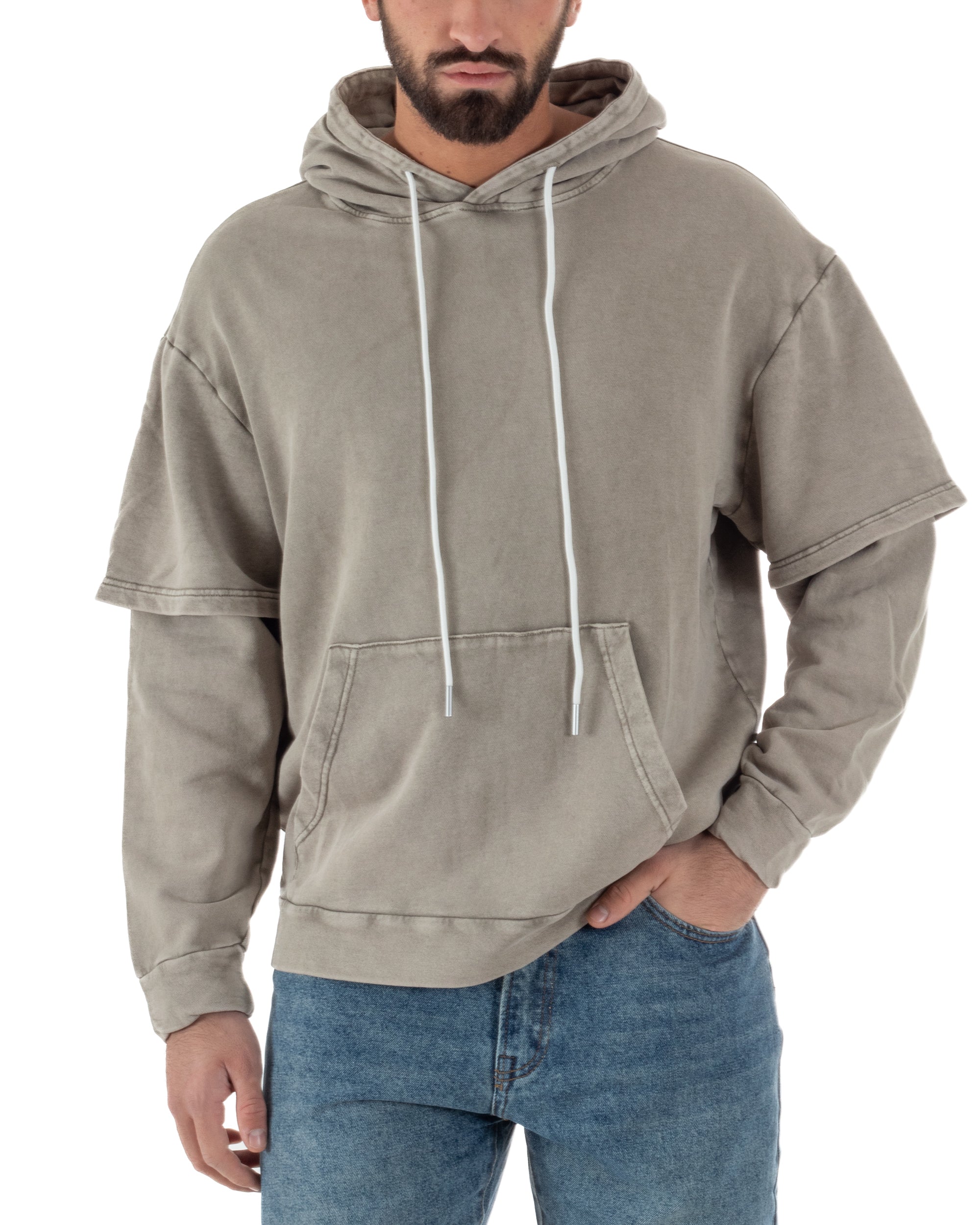 Felpa Uomo Long Sleeve Doppio Strato Slavata Boxy Fit Cappuccio Beige F3077A