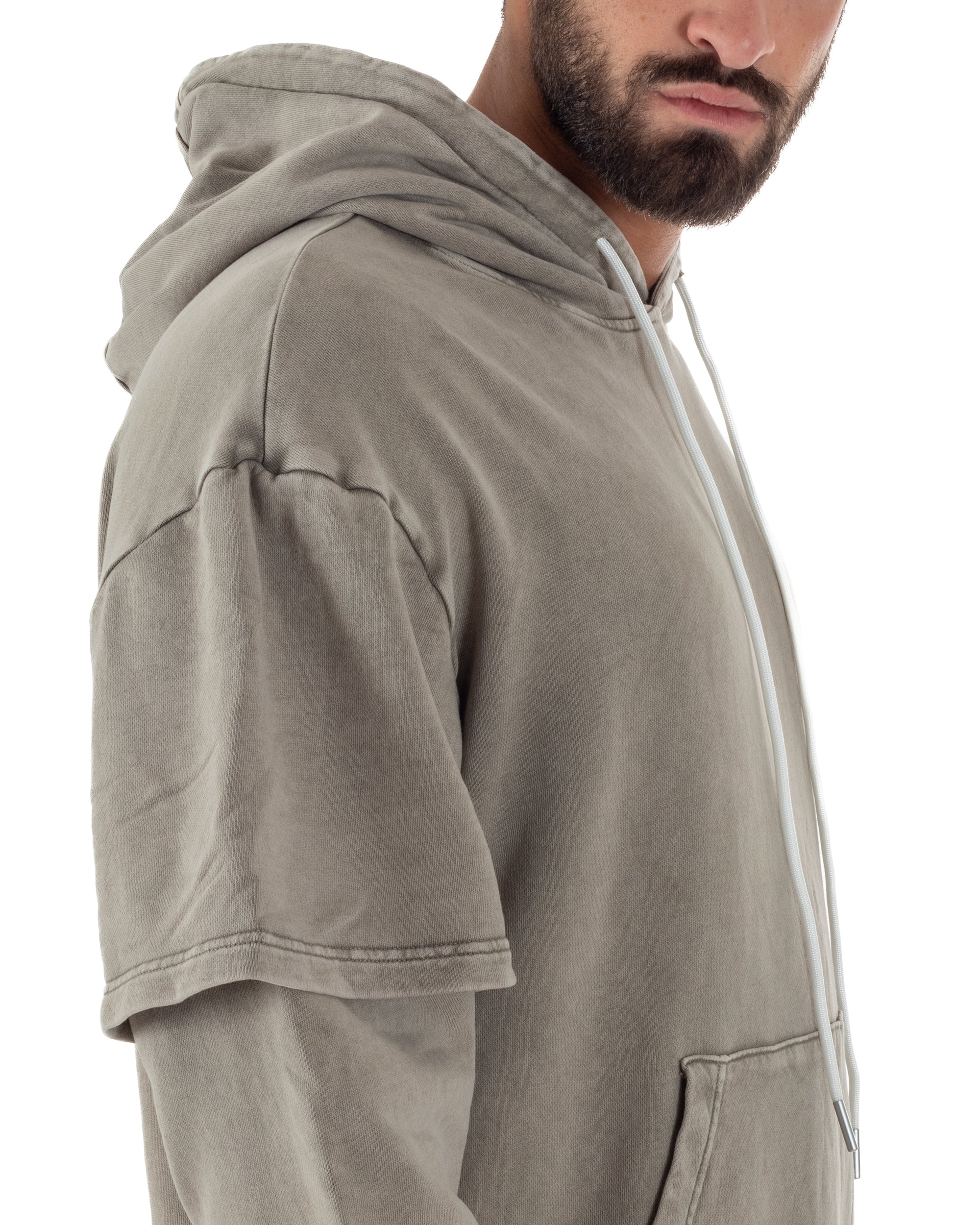 Felpa Uomo Long Sleeve Doppio Strato Slavata Boxy Fit Cappuccio Beige F3077A