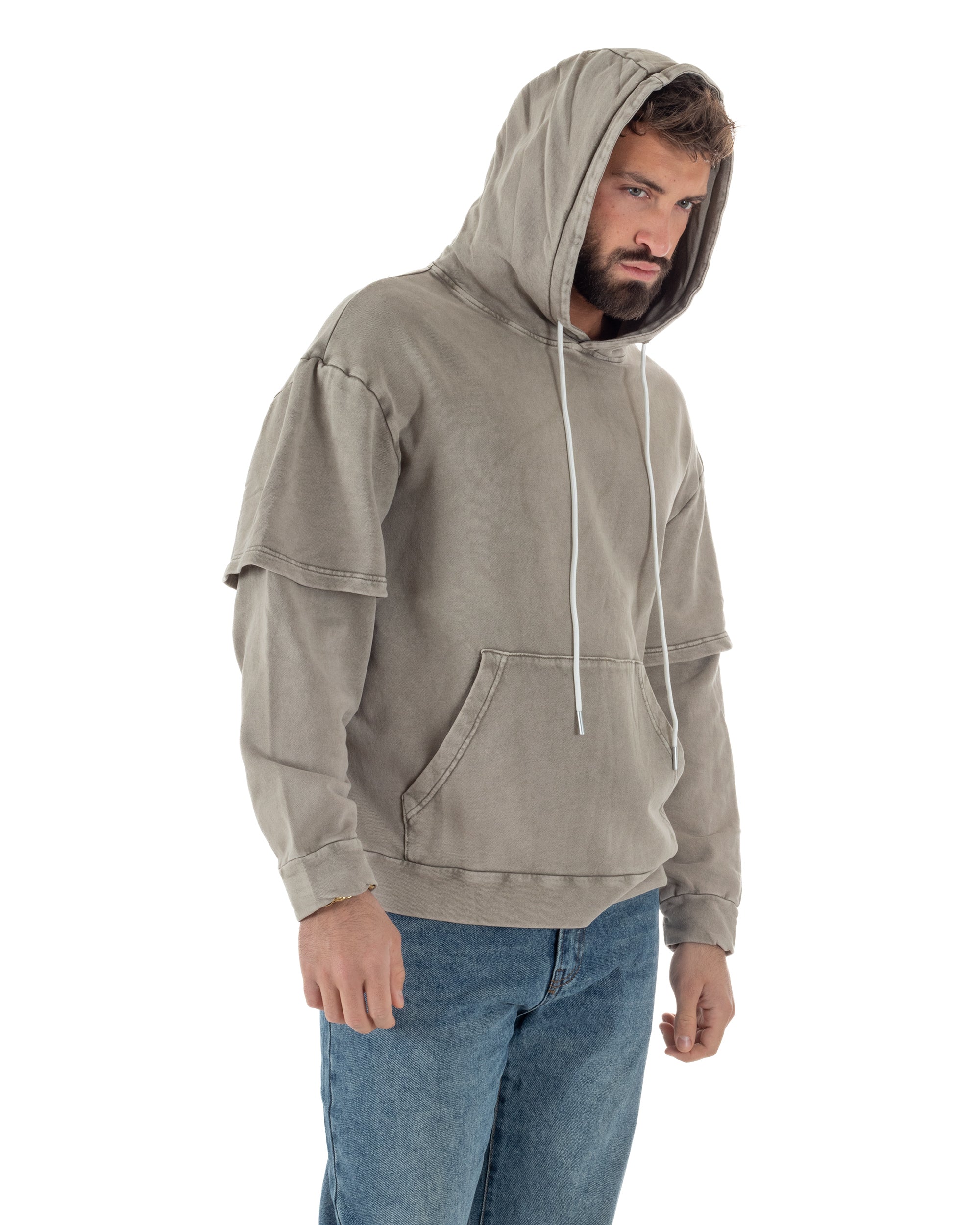 Felpa Uomo Long Sleeve Doppio Strato Slavata Boxy Fit Cappuccio Beige F3077A