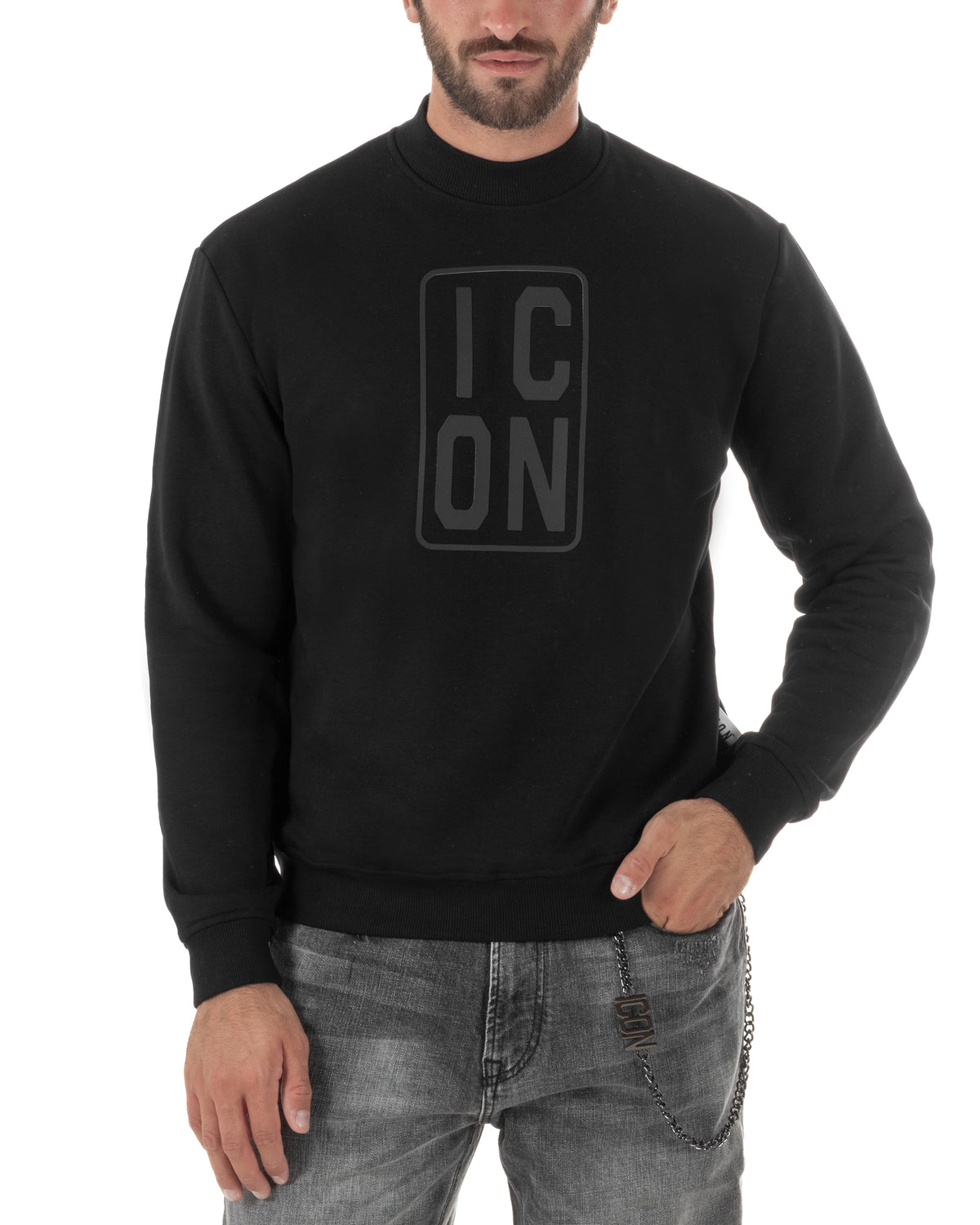 Felpa uomo nera con collo alto e logo frontale ICON