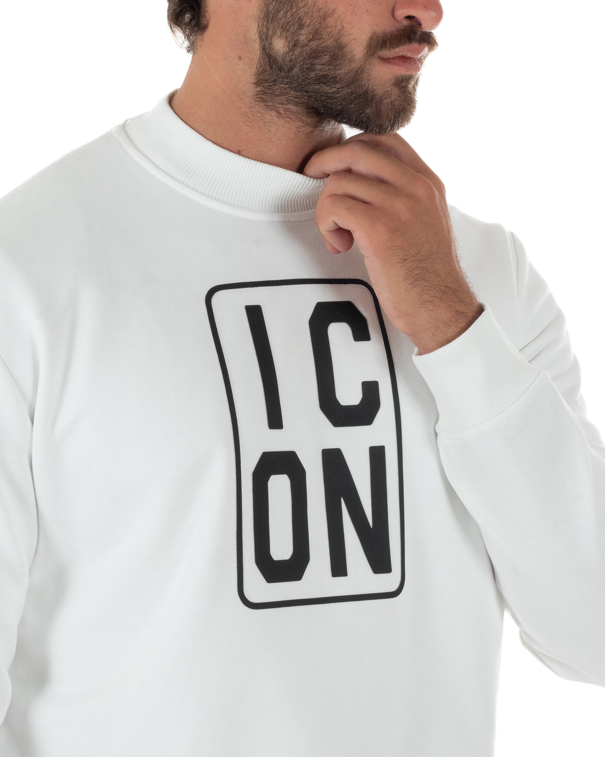 Felpa uomo collo alto maglia stampa logo frontale bianco ICON IUF078