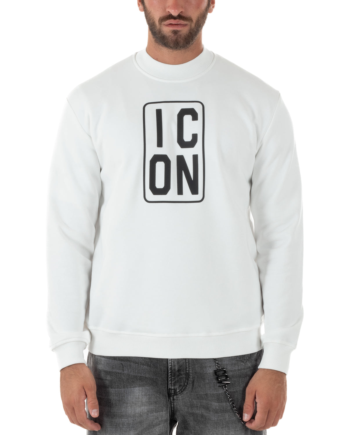 Felpa uomo collo alto maglia stampa logo frontale bianco ICON IUF078