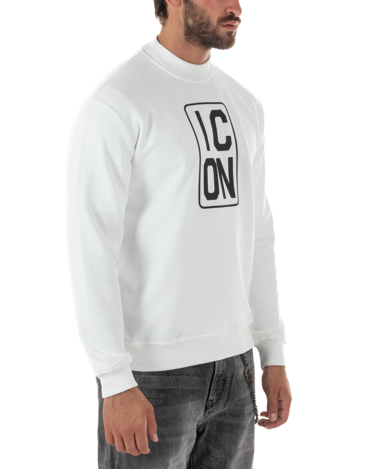 Felpa uomo collo alto maglia stampa logo frontale bianco ICON IUF078