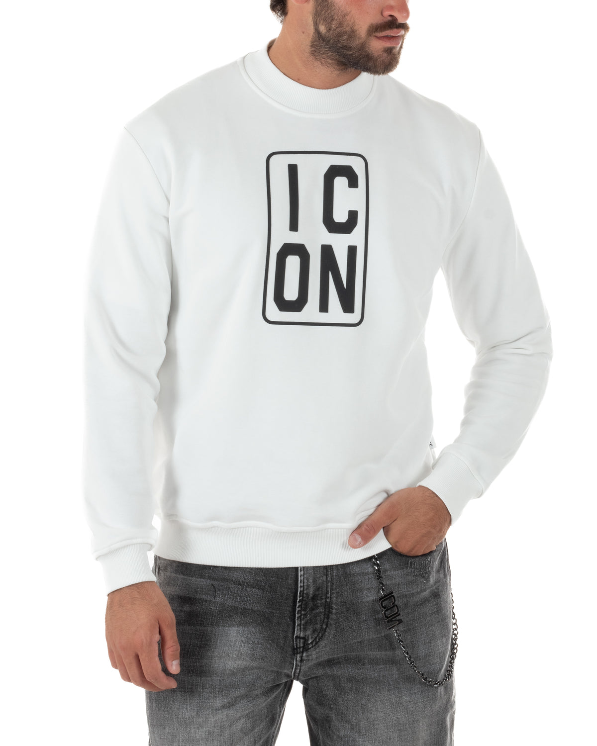 Felpa uomo collo alto maglia stampa logo frontale bianco ICON IUF078