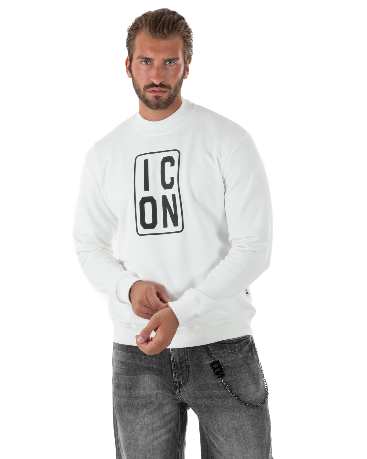 Felpa uomo collo alto maglia stampa logo frontale bianco ICON IUF078