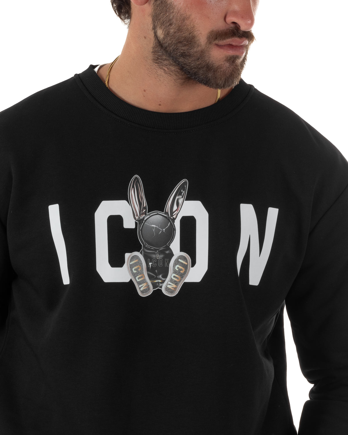 Felpa uomo girocollo maglia stampa logo frontale rabbit nero ICON IUF044