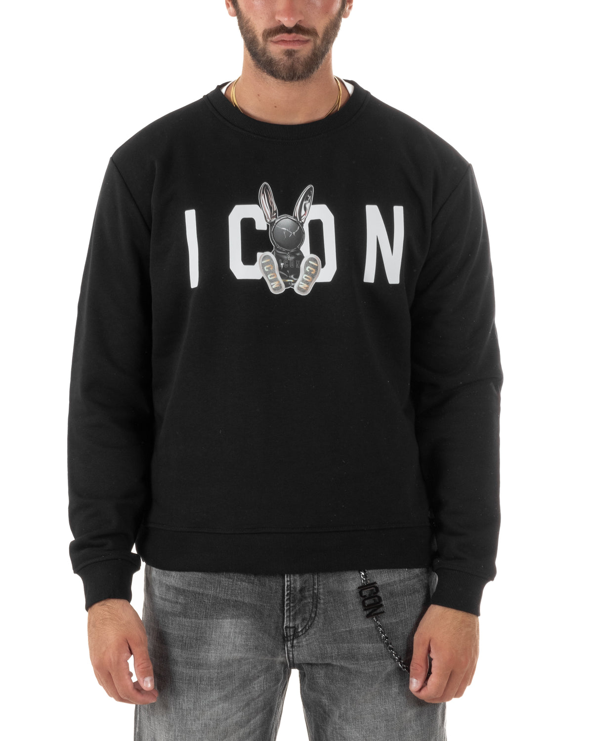 Felpa uomo girocollo maglia stampa logo frontale rabbit nero ICON IUF044