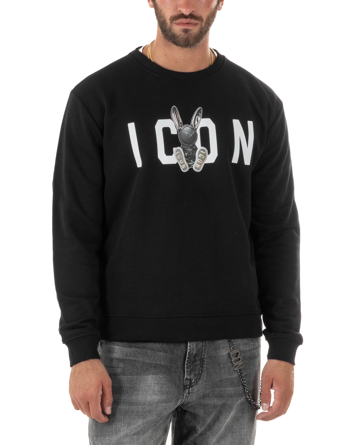 Felpa uomo girocollo maglia stampa logo frontale rabbit nero ICON IUF044