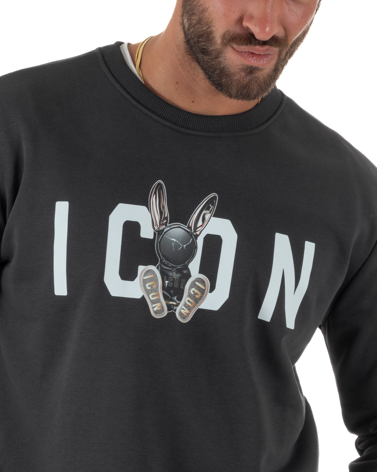 Felpa uomo girocollo maglia stampa logo frontale rabbit piombo ICON IUF044