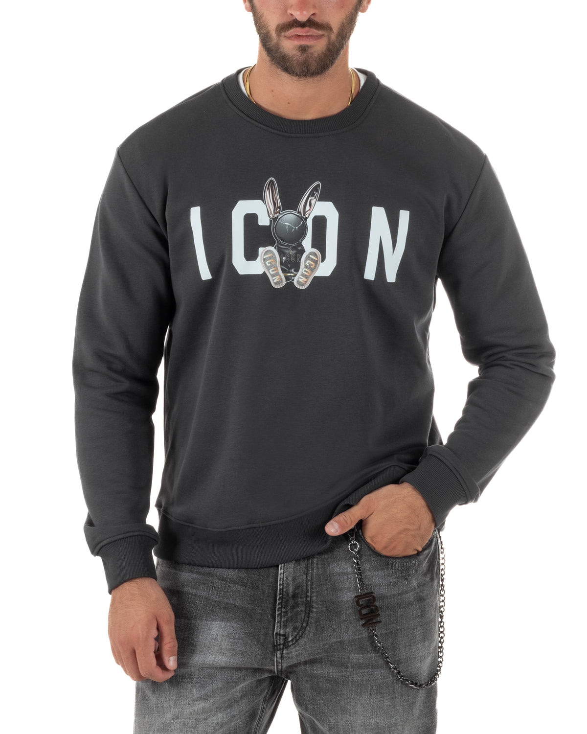 Felpa uomo girocollo maglia stampa logo frontale rabbit piombo ICON IUF044