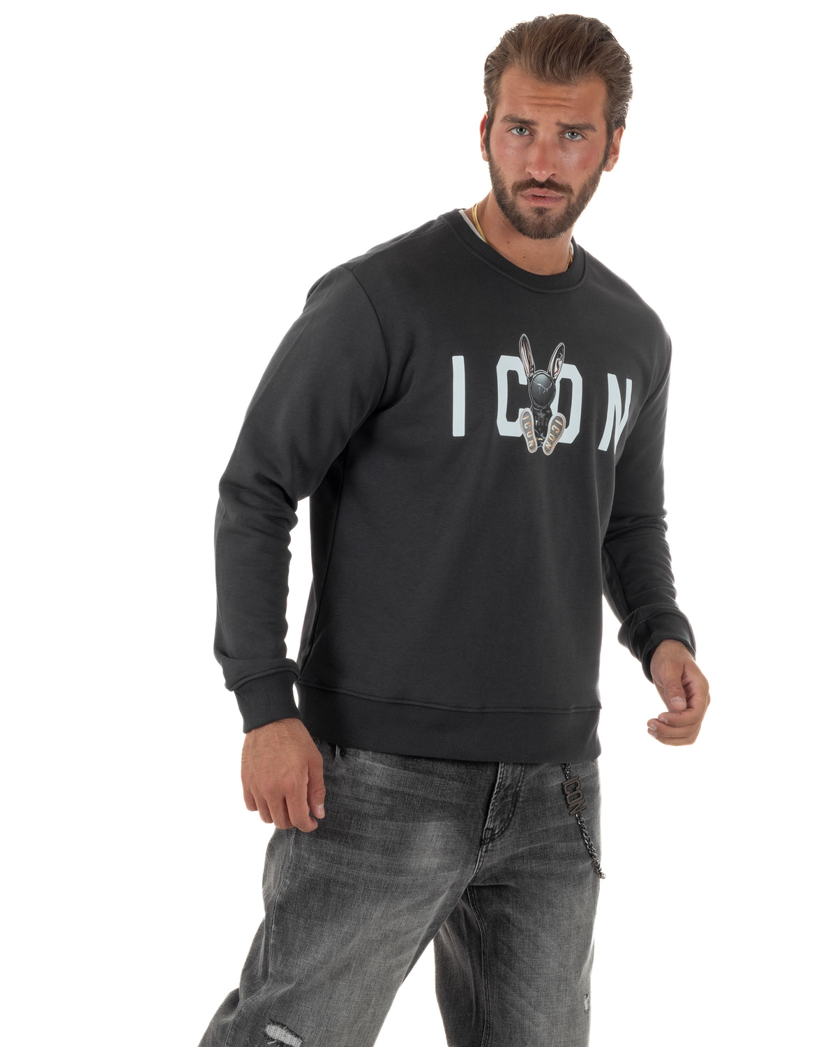 Felpa uomo girocollo maglia stampa logo frontale rabbit piombo ICON IUF044
