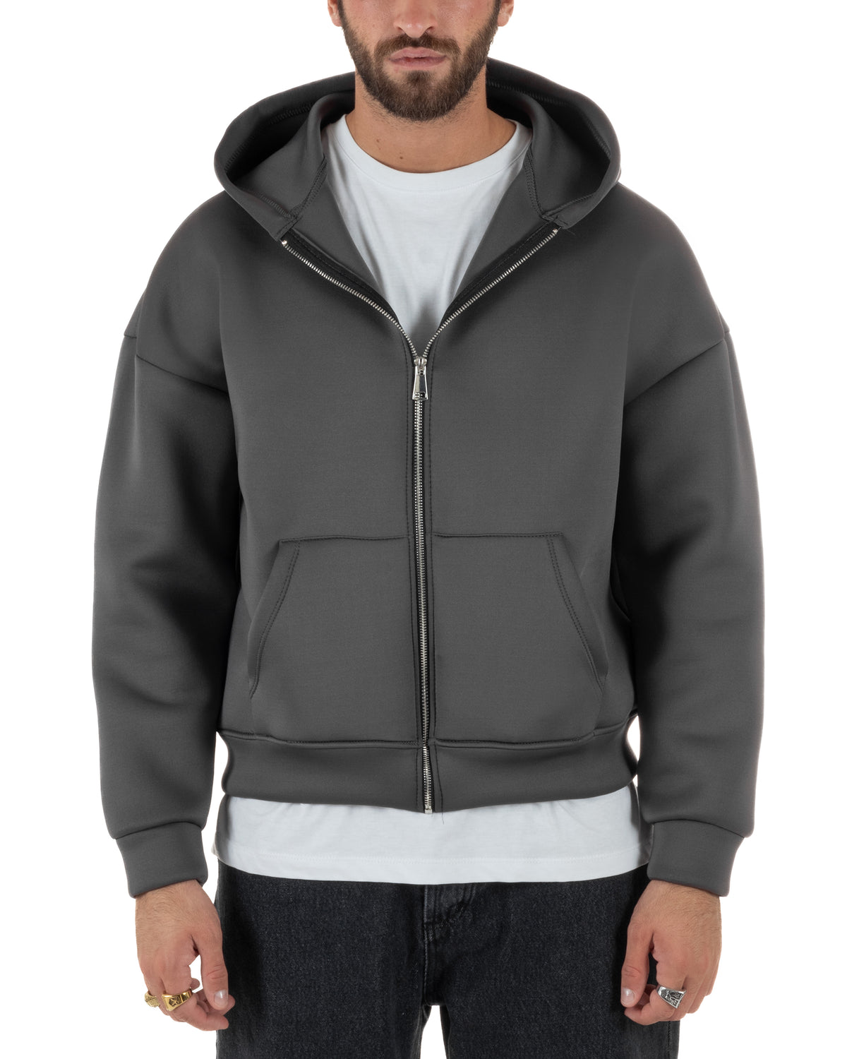 Felpa uomo scuba boxy fit cropped con cappuccio e zip grigio GIOSAL-F3084A