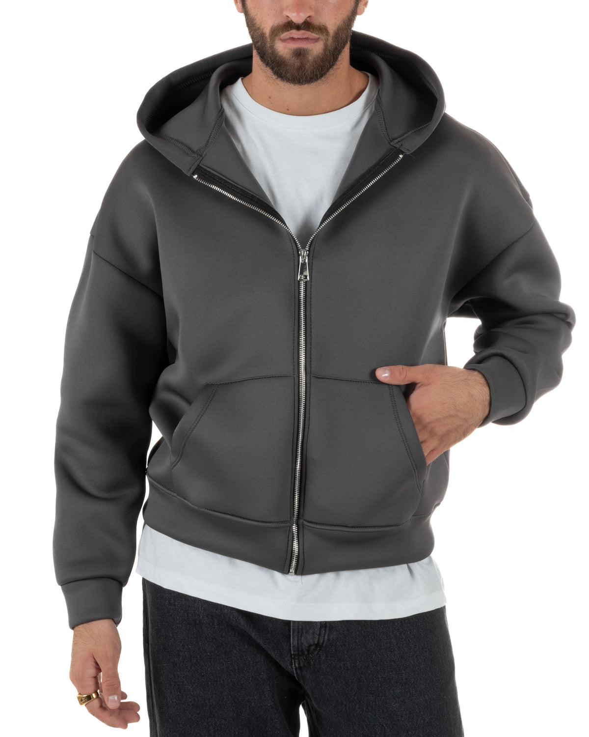 Felpa uomo scuba boxy fit cropped con cappuccio e zip grigio GIOSAL-F3084A