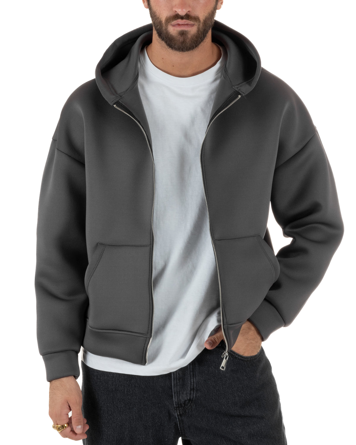 Felpa uomo scuba boxy fit cropped con cappuccio e zip grigio GIOSAL-F3084A