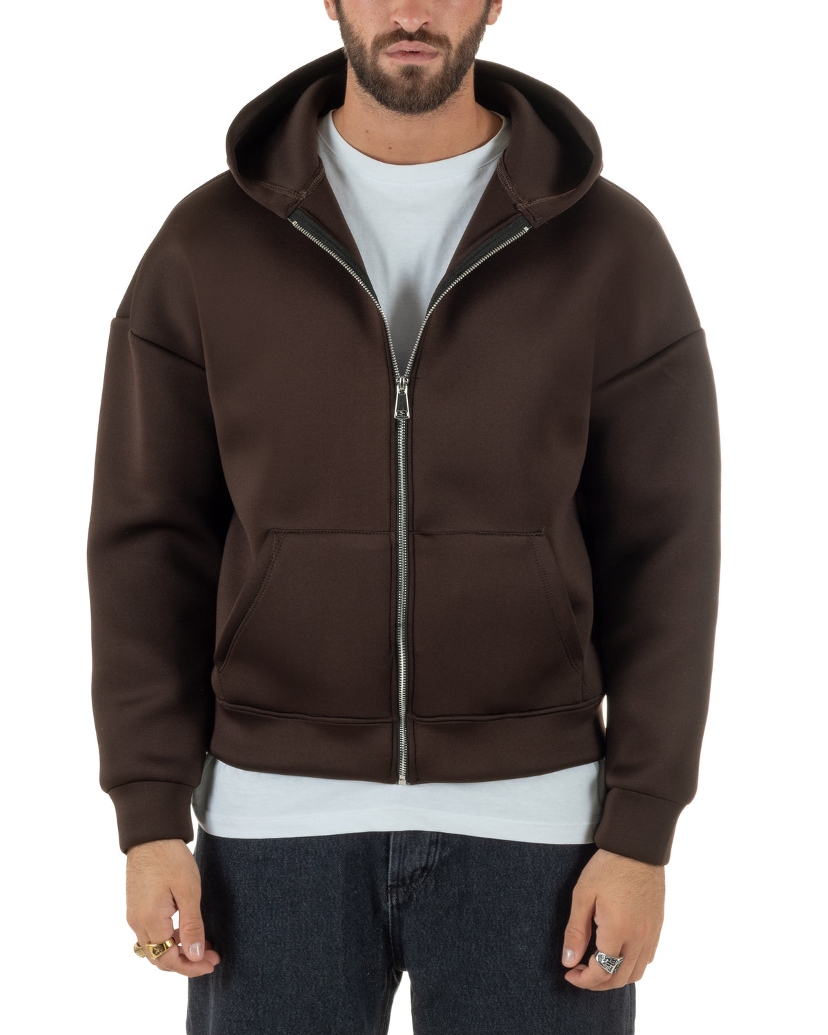 Felpa uomo scuba boxy fit cropped con cappuccio e zip marrone GIOSAL-F3085A