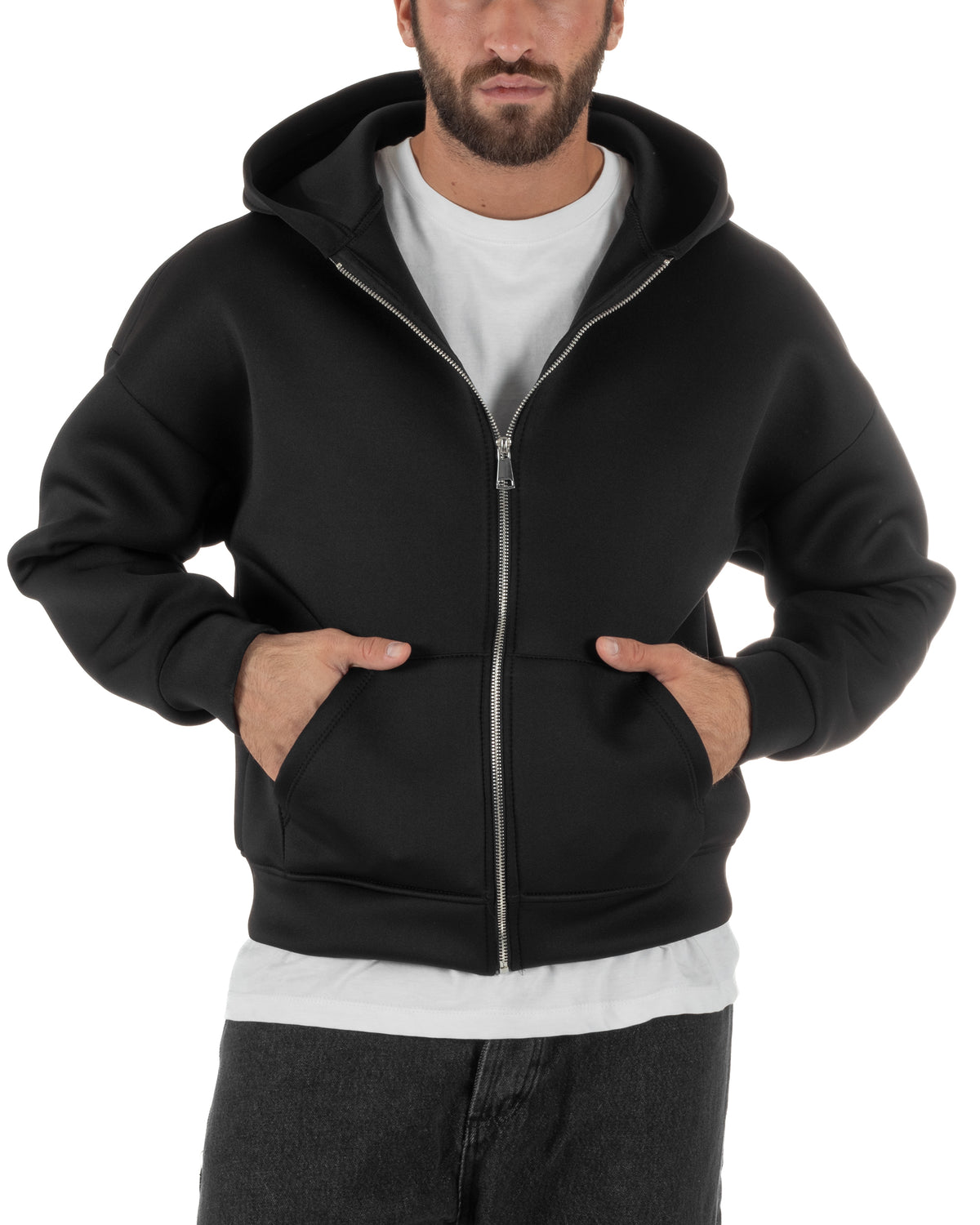 Felpa uomo scuba boxy fit cropped con cappuccio e zip nero GIOSAL-F3086A