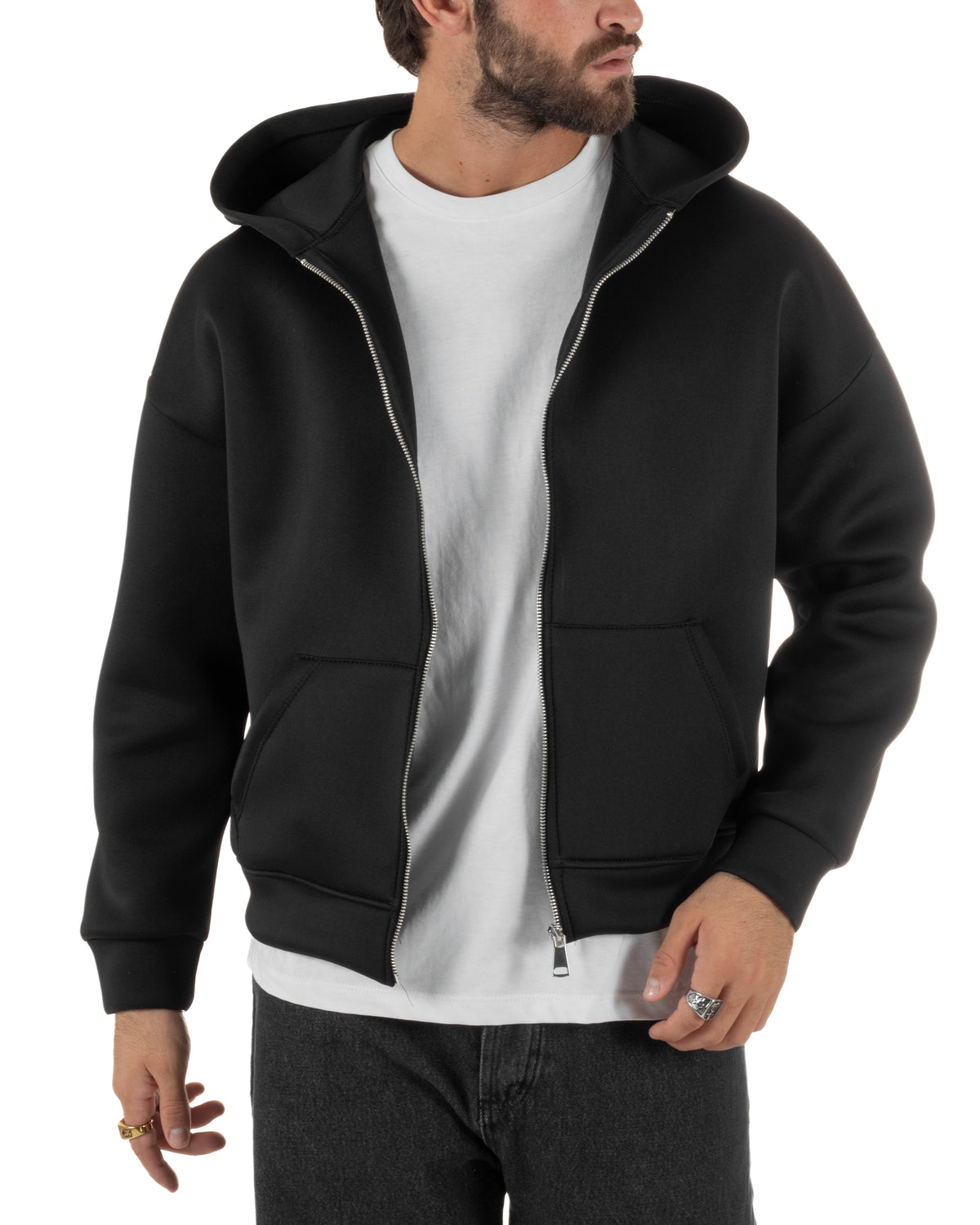 Felpa uomo scuba boxy fit cropped con cappuccio e zip nero GIOSAL-F3086A
