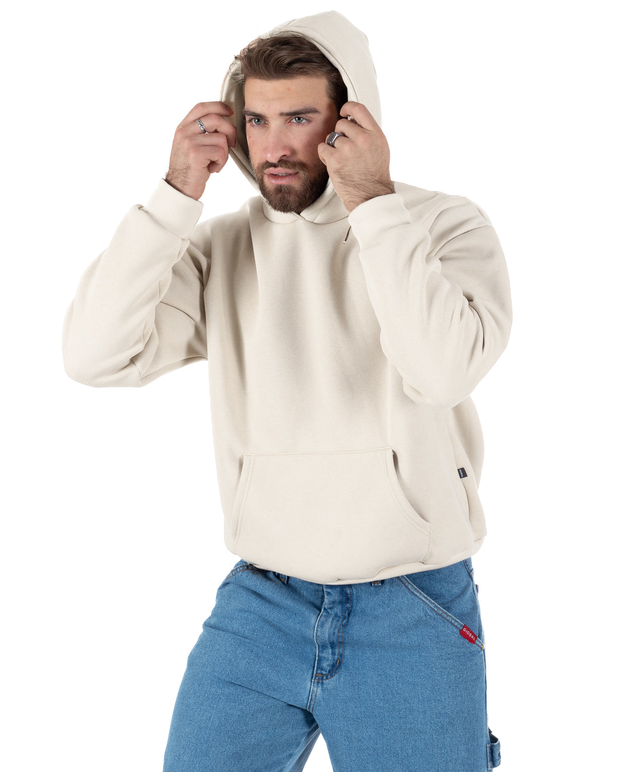 Felpa unisex uomo donna cappuccio boxy fit crop tasca marsupio avorio GIOSAL-F3087A