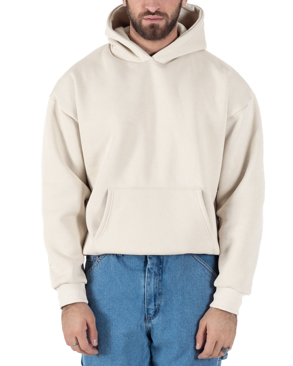 Felpa unisex uomo donna cappuccio boxy fit crop tasca marsupio avorio GIOSAL-F3087A