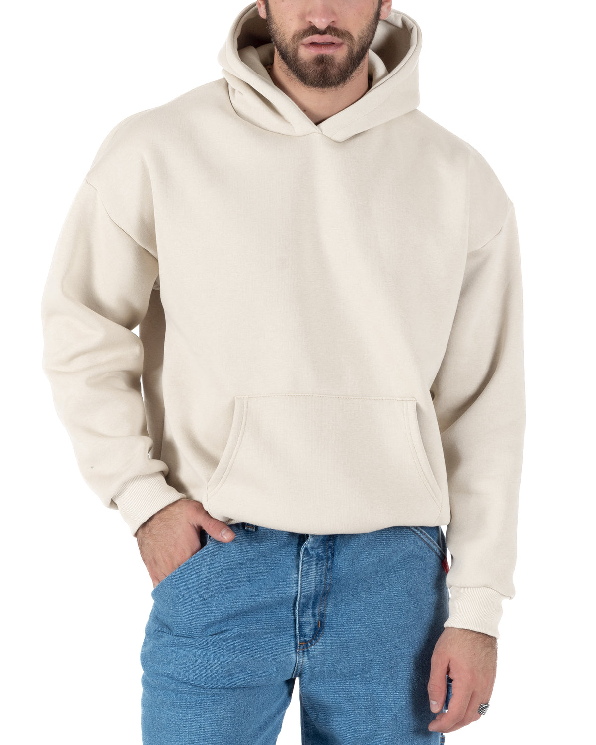 Felpa unisex uomo donna cappuccio boxy fit crop tasca marsupio avorio GIOSAL-F3087A