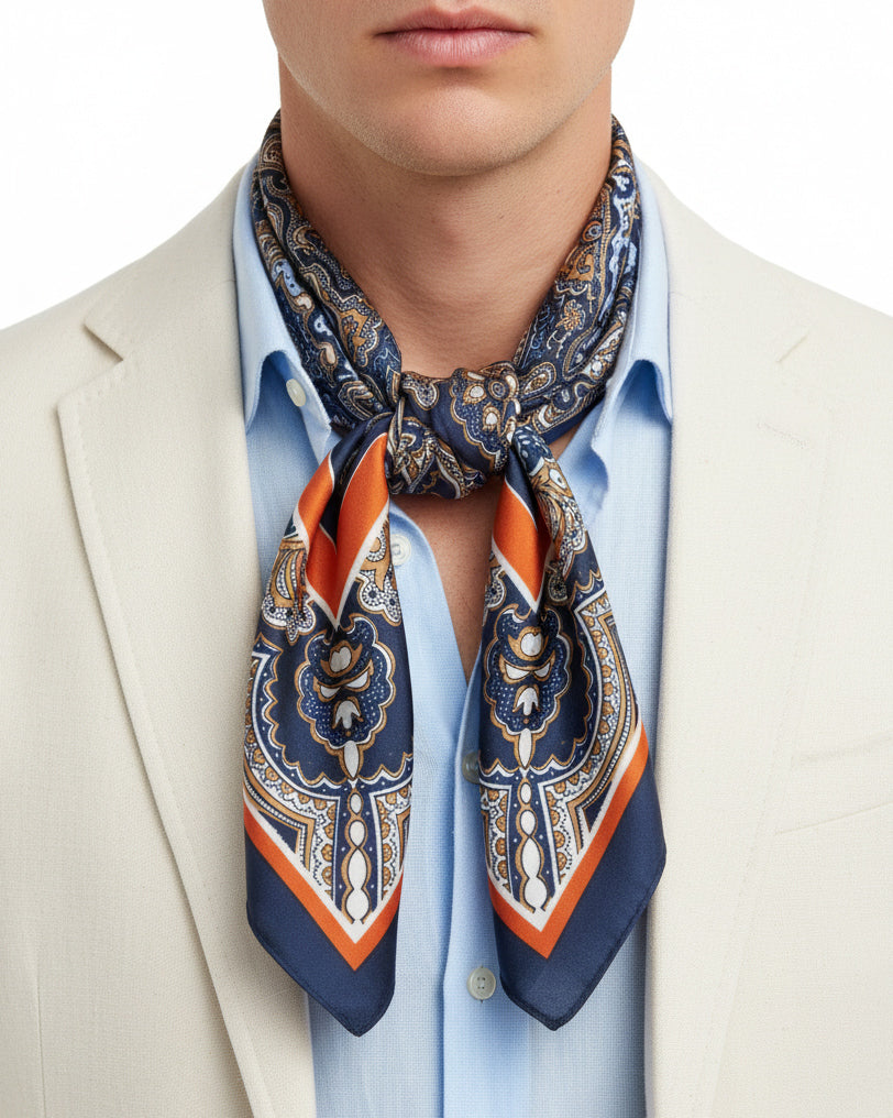 Foulard uomo unisex bandana paisley medaglione bordo doppio satinato blu GIOSAL-FD1002A