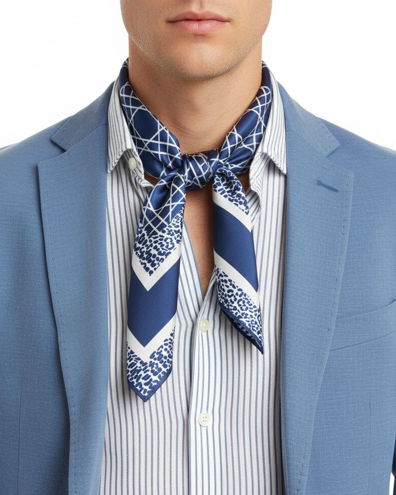 Foulard uomo unisex bandana geometrico reticolo cannage bordo leopardato chevron blu GIOSAL-FD1003A