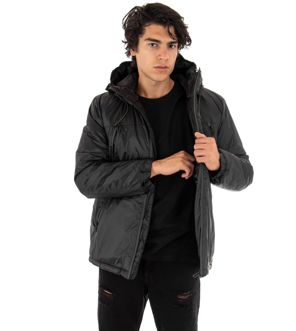 Men's Long Sleeves Solid Color Black Jacket Casual Hooded Zip Jacket GIOSAL