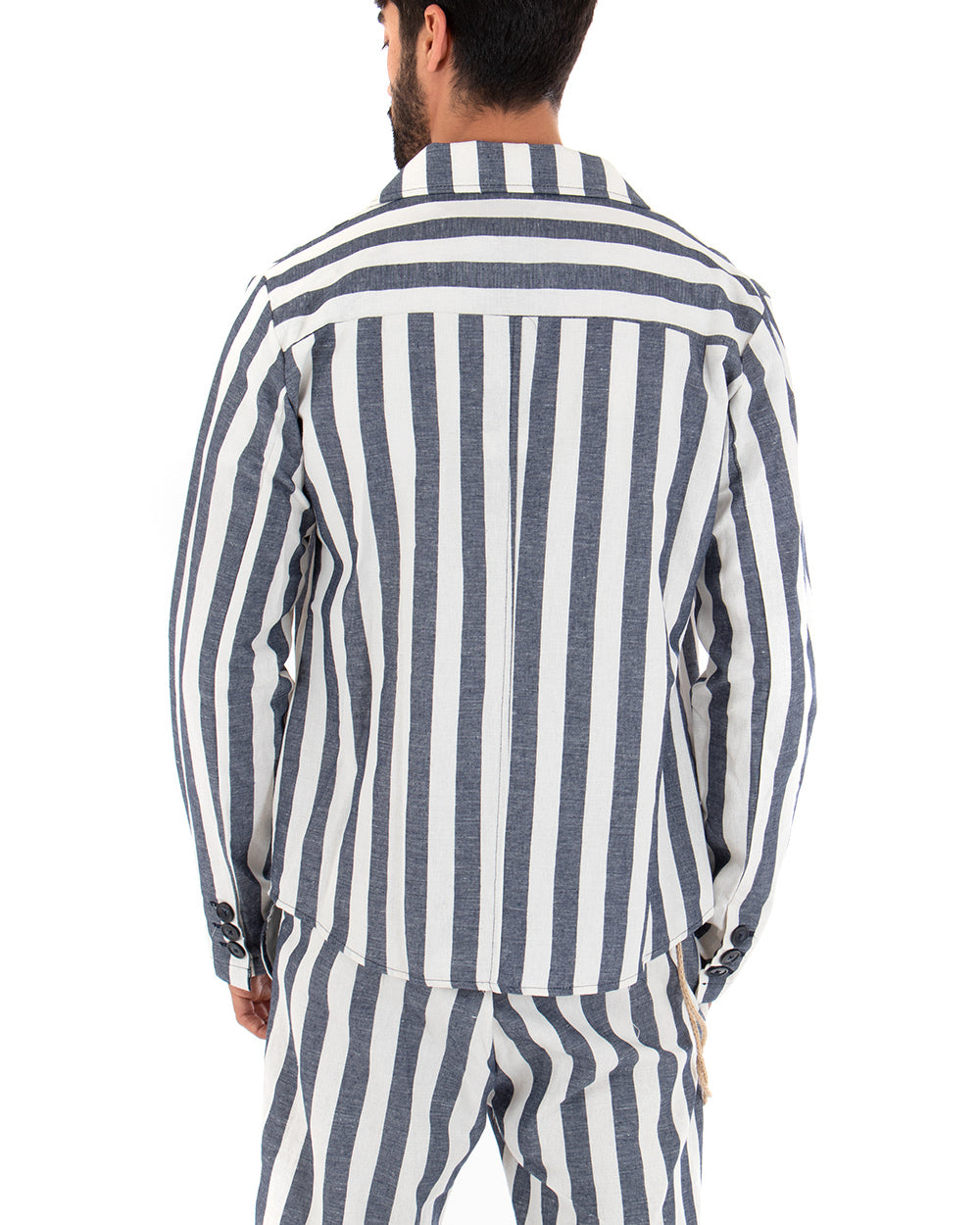 Men's Shirt Jacket With Collar Long Sleeve Tailored Linen Striped Blue GIOSAL-G2563A