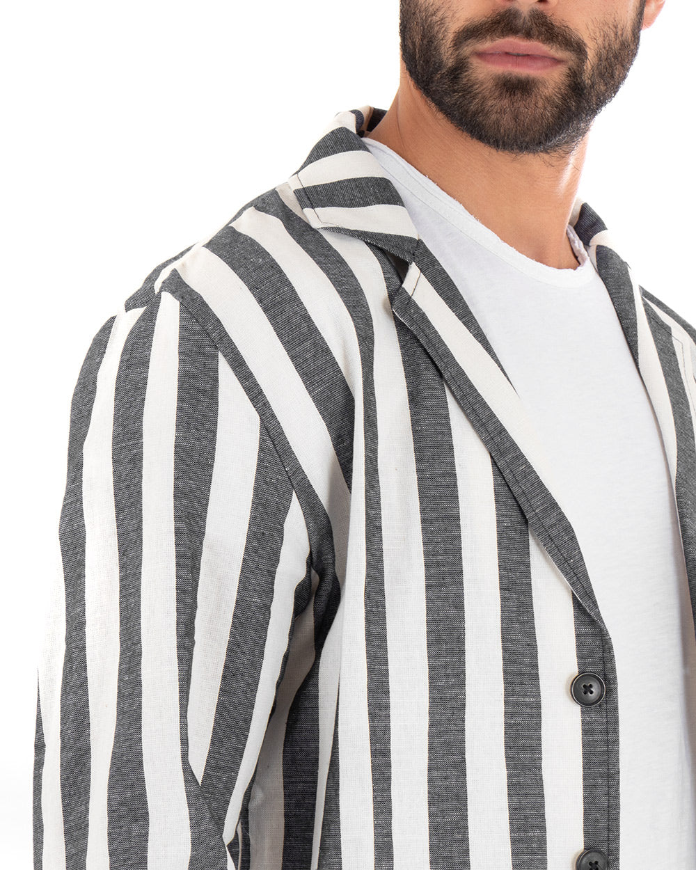 Men's Shirt Jacket With Collar Long Sleeve Tailored Linen Striped Black GIOSAL-G2564A