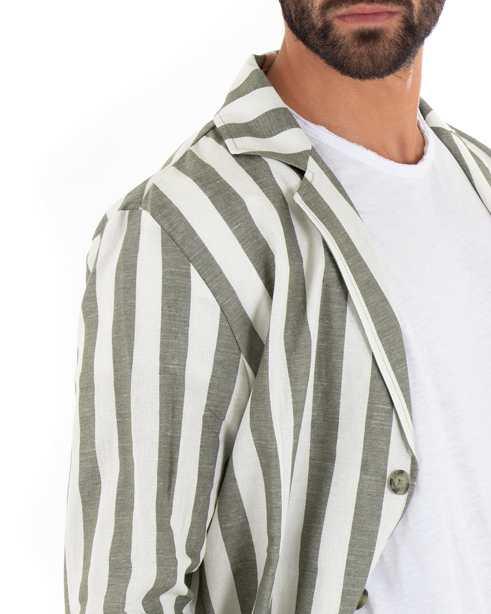 Men's Shirt Jacket With Collar Long Sleeve Tailored Linen Striped Green GIOSAL-G2565A