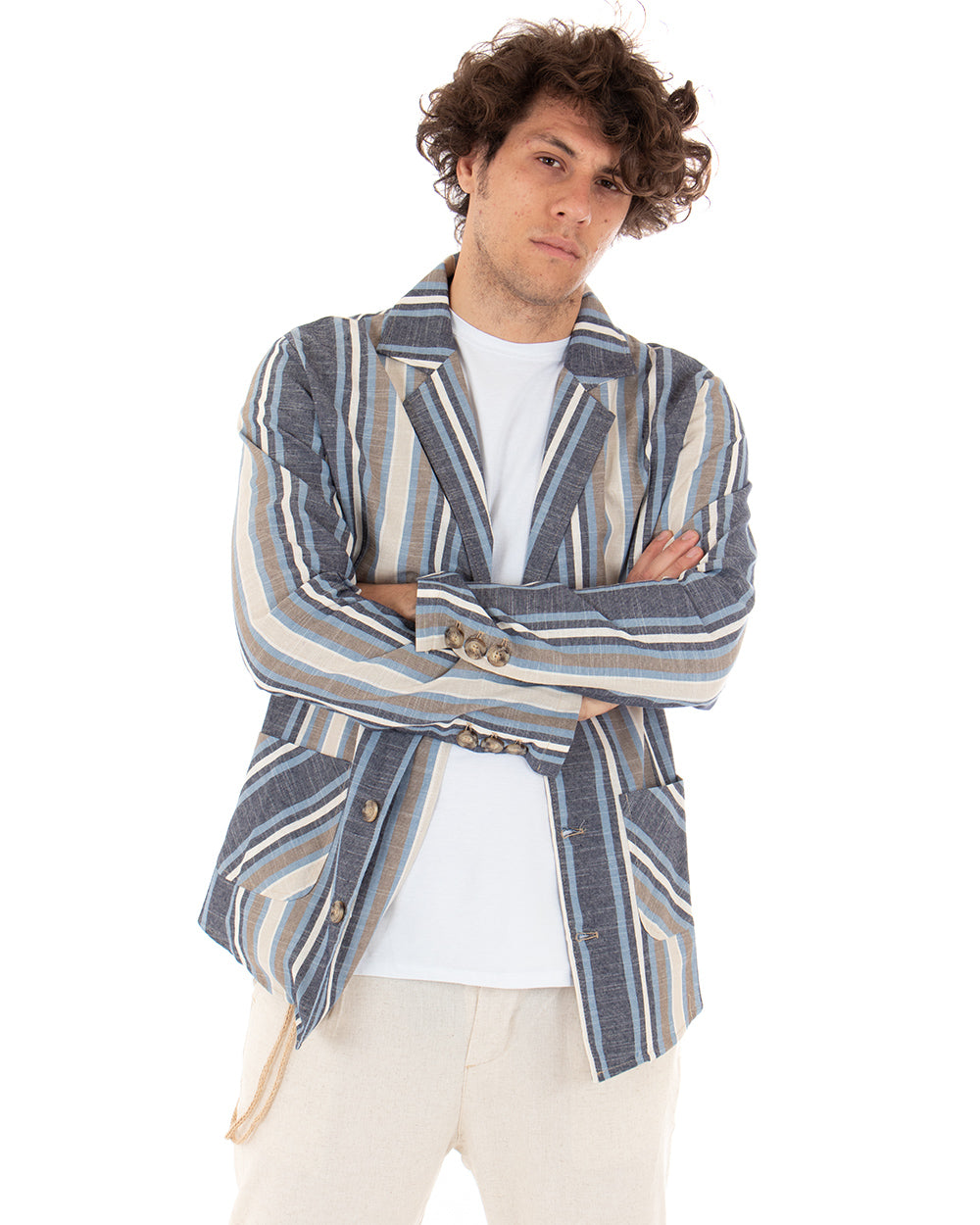 Single-breasted Men's Jacket Striped Shirt Collar Long Sleeves Pockets Multicolor GIOSAL-G2570A