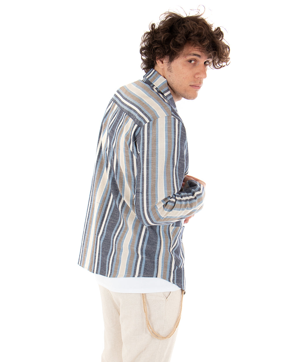 Single-breasted Men's Jacket Striped Shirt Collar Long Sleeves Pockets Multicolor GIOSAL-G2570A