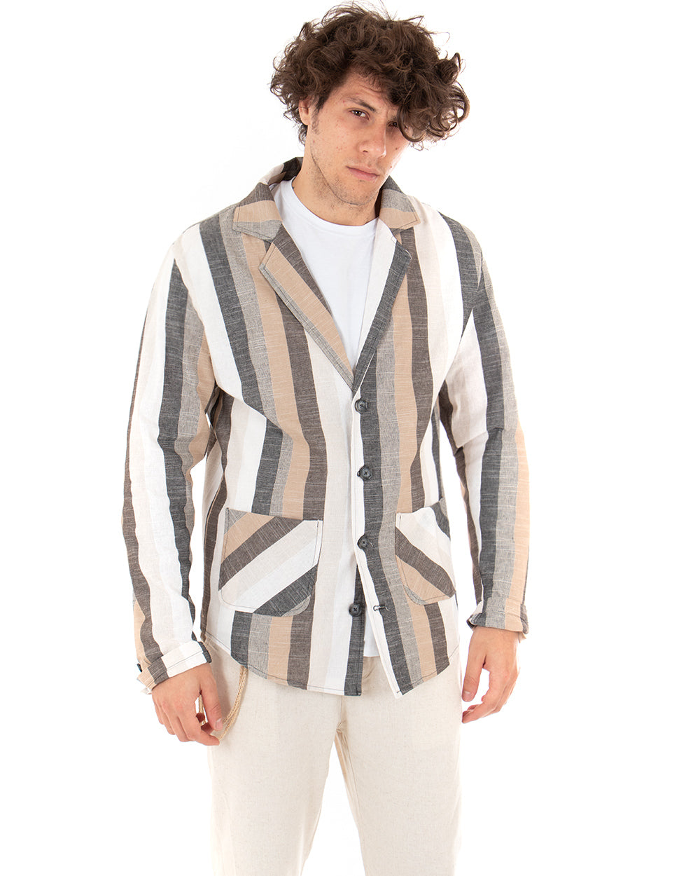 Single-breasted Men's Jacket Striped Shirt Collar Long Sleeves Pockets Multicolor GIOSAL-G2571A
