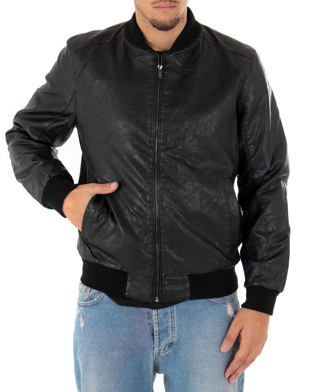 Men's Faux Leather Jacket Solid Color Black College Long Sleeve GIOSAL