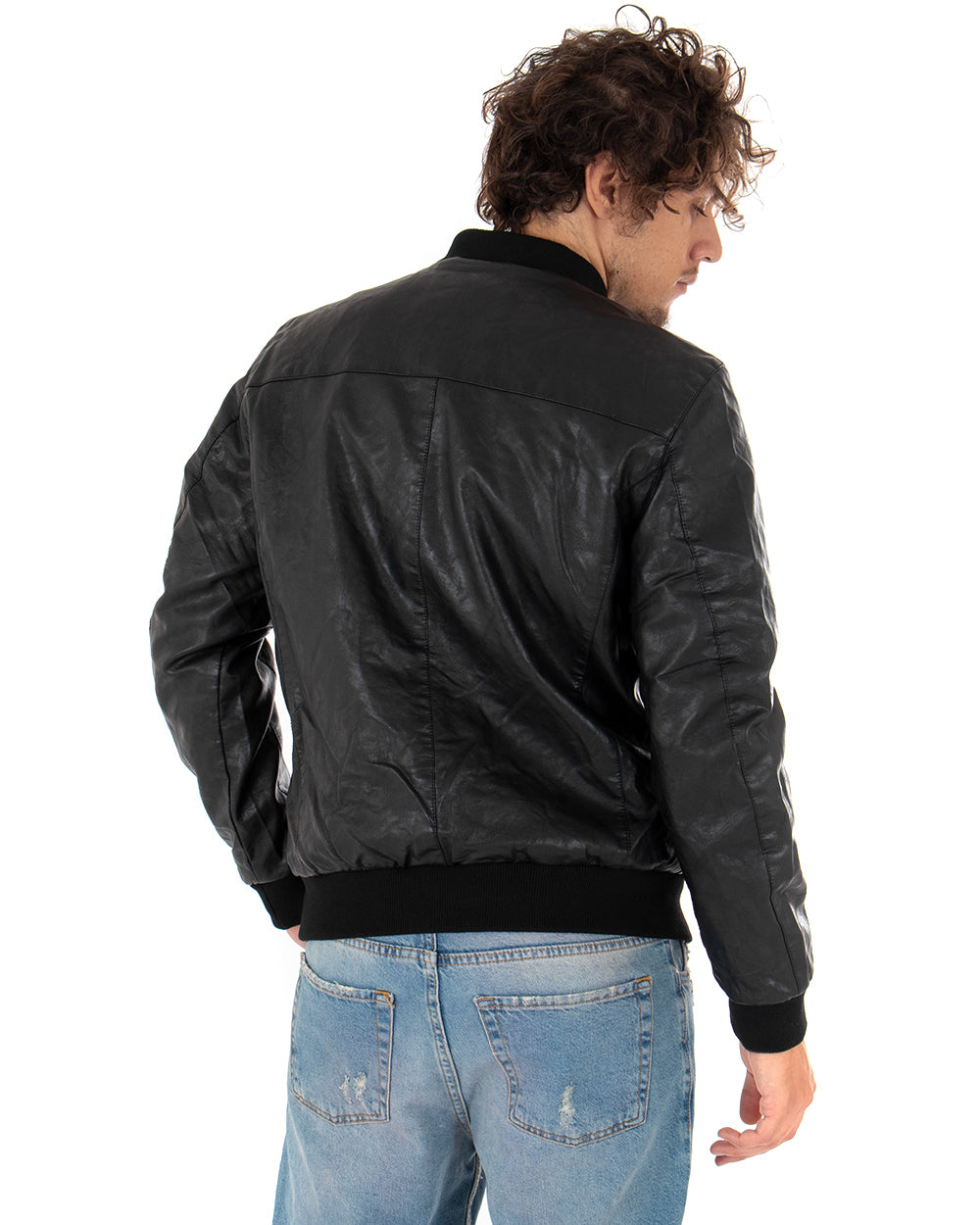Men's Faux Leather Jacket Solid Color Black College Long Sleeve GIOSAL