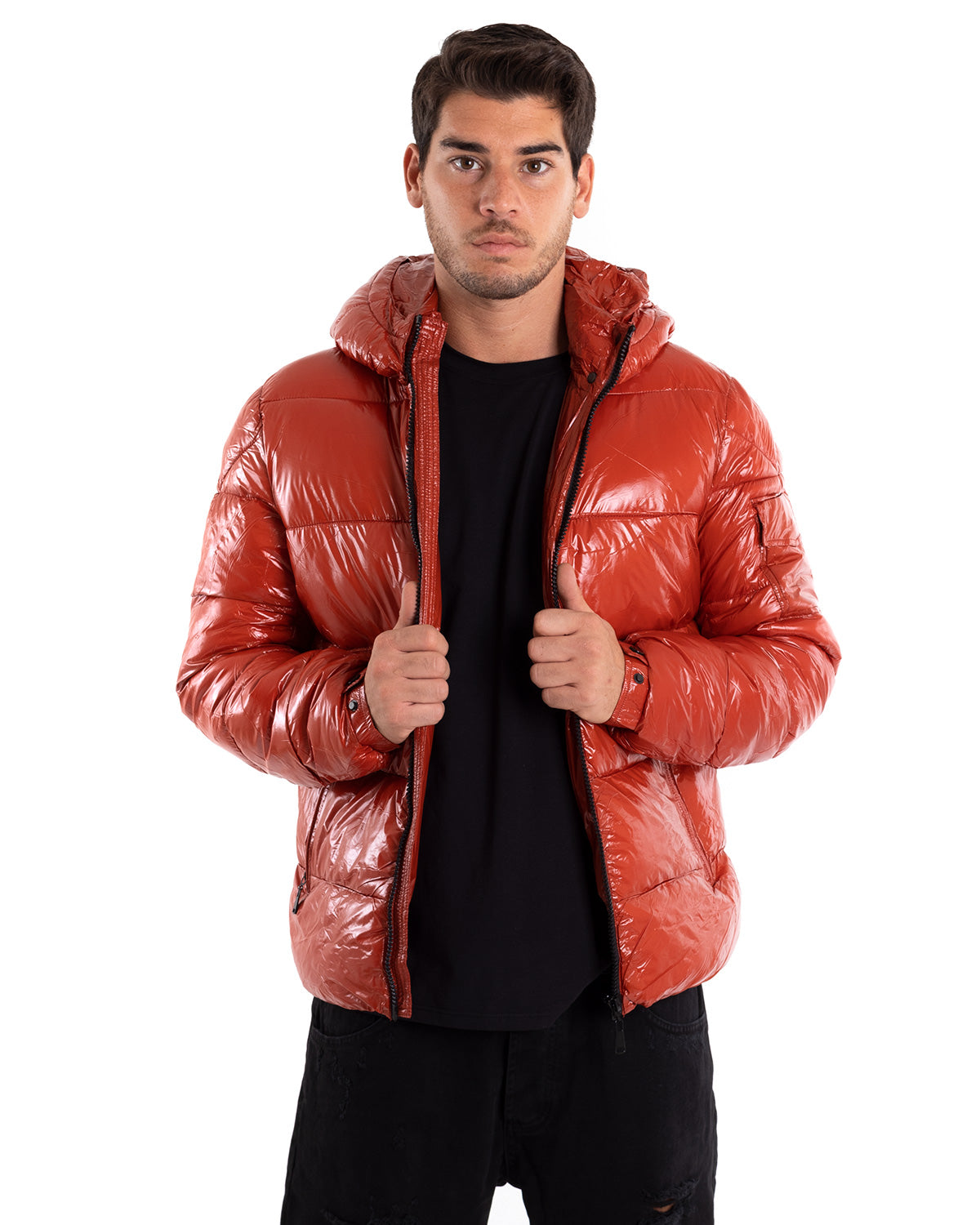 Red patent puffer on sale jacket