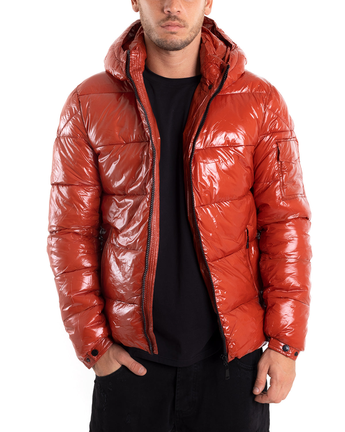 Men's Bomber Jacket Shiny Patent Hood Solid Color Red GIOSAL-G2622A