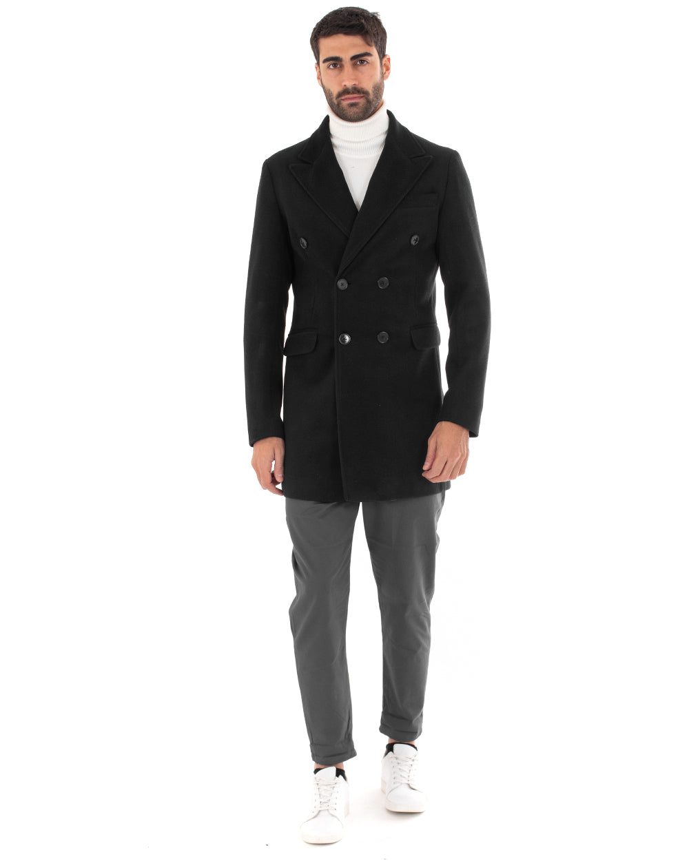 Cappotto Doppiopetto Uomo Giaccone Con Colletto Nero Elegante GIOSAL-G2756A