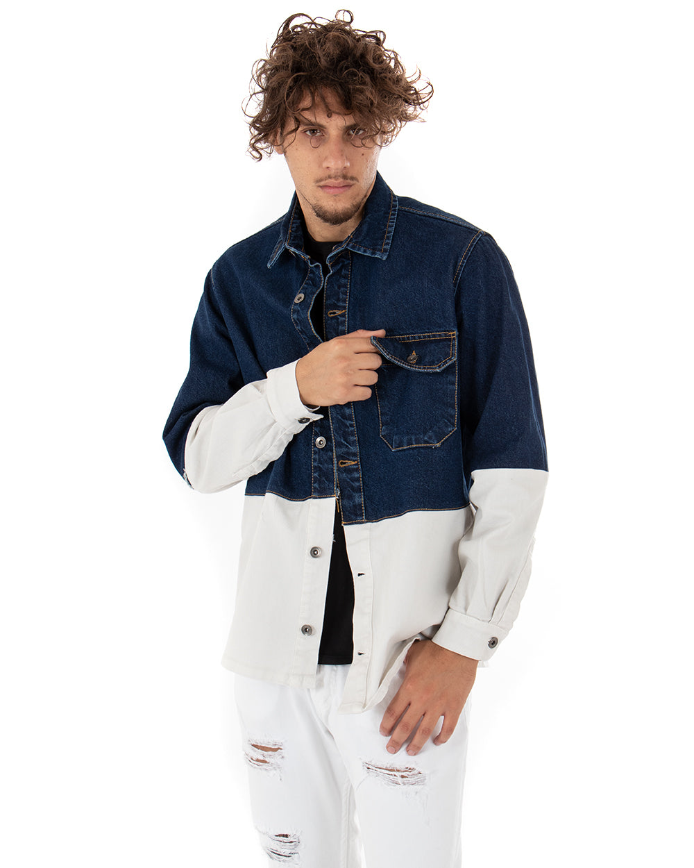 Giubbotto Uomo Giacca Jeans Con Colletto Denim Scuro Bicolore Bianco Casual GIOSAL-G2790A