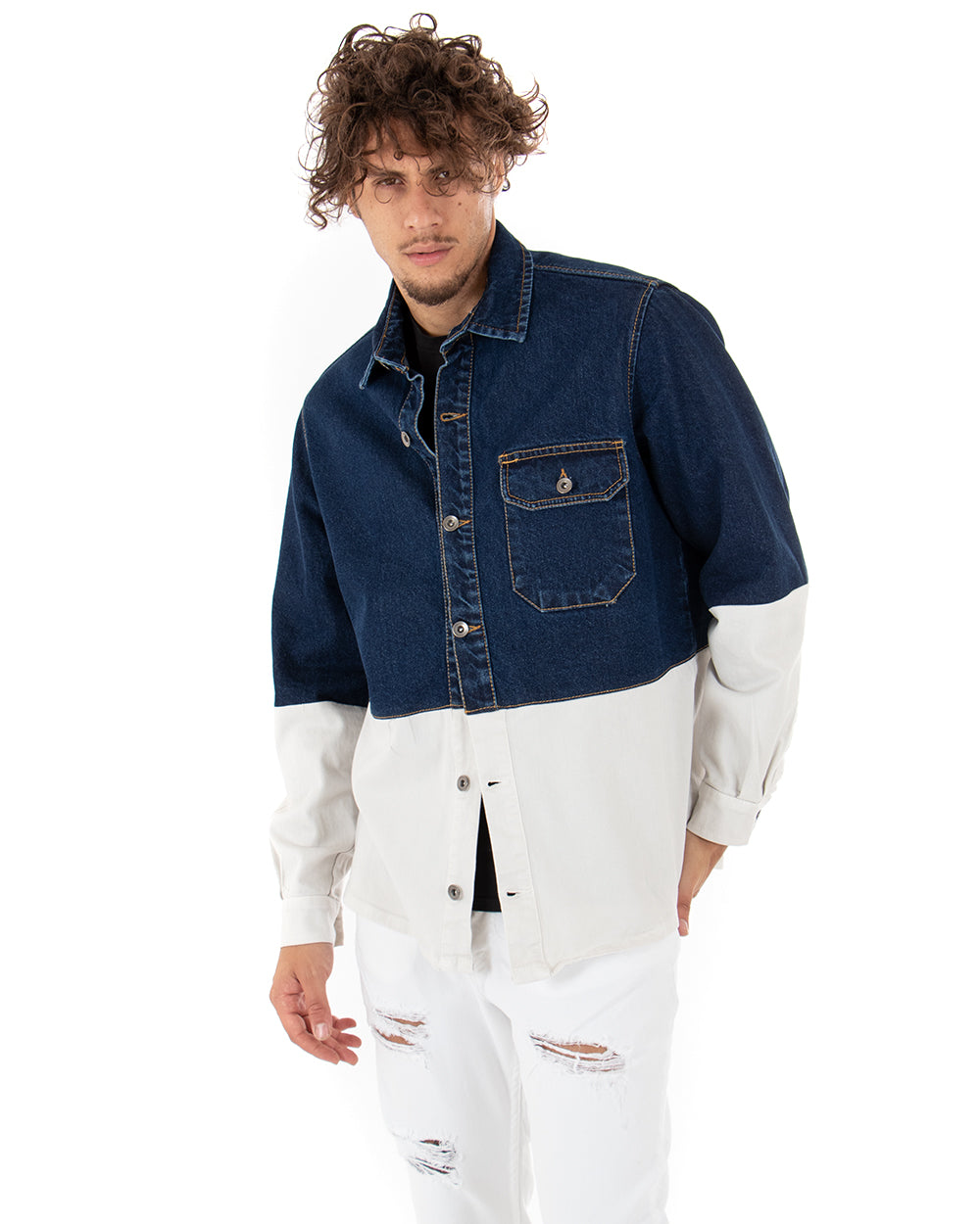 Giubbotto Uomo Giacca Jeans Con Colletto Denim Scuro Bicolore Bianco Casual GIOSAL-G2790A