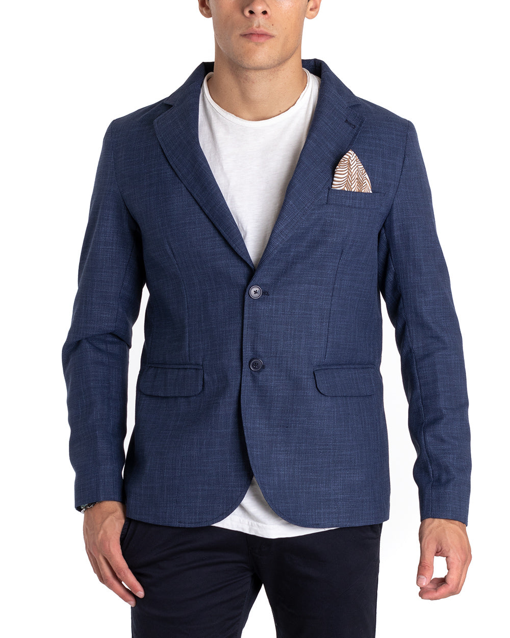 Giacca Uomo Lino Monopetto Melangiata Blu Cerimonia Elegante Casual GIOSAL-G2852A