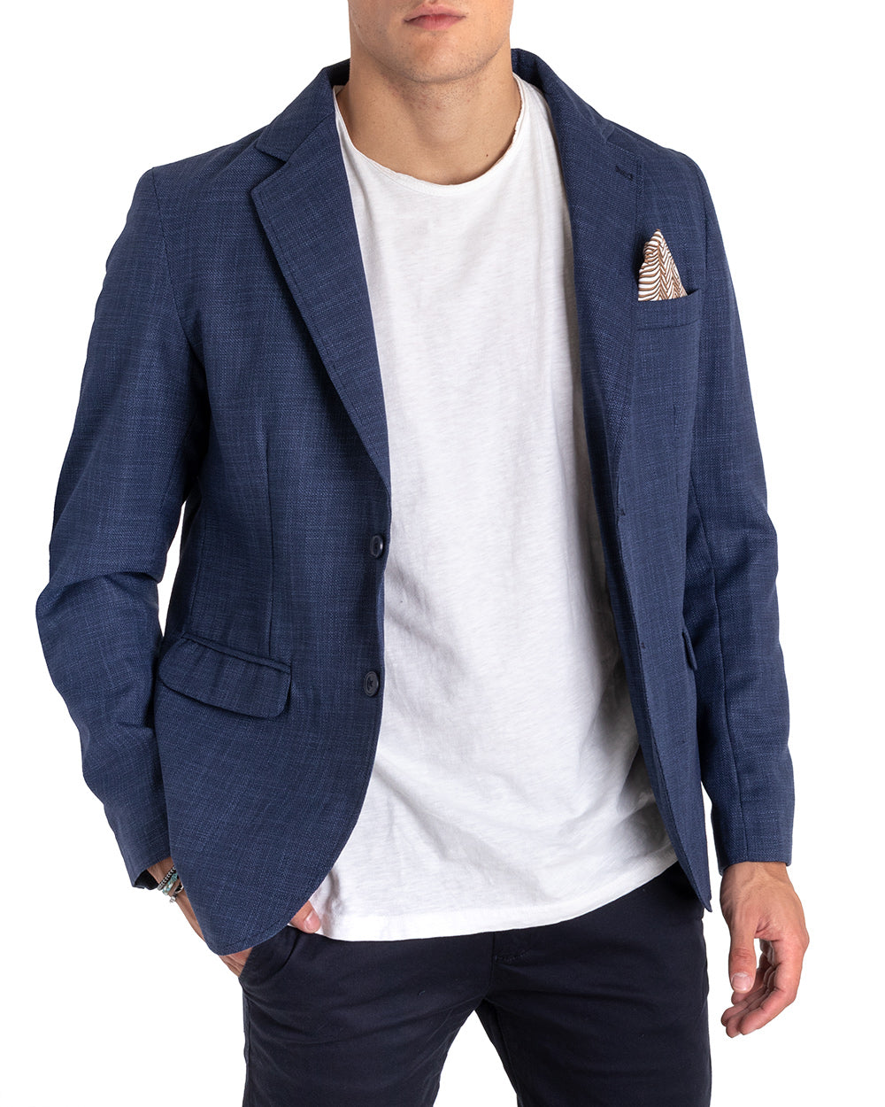 Giacca Uomo Lino Monopetto Melangiata Blu Cerimonia Elegante Casual GIOSAL-G2852A