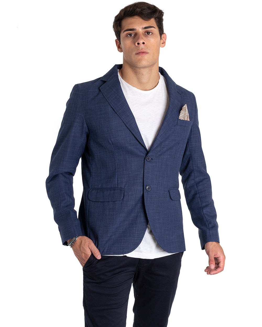 Giacca Uomo Lino Monopetto Melangiata Blu Cerimonia Elegante Casual GIOSAL-G2852A