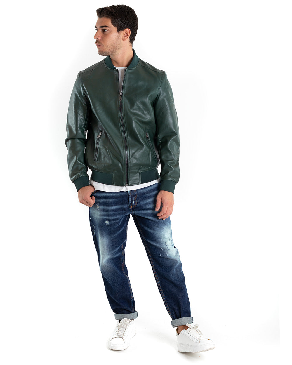 Men's College Jacket Solid Color Green Long Sleeve Faux Leather Casual GIOSAL G2866A